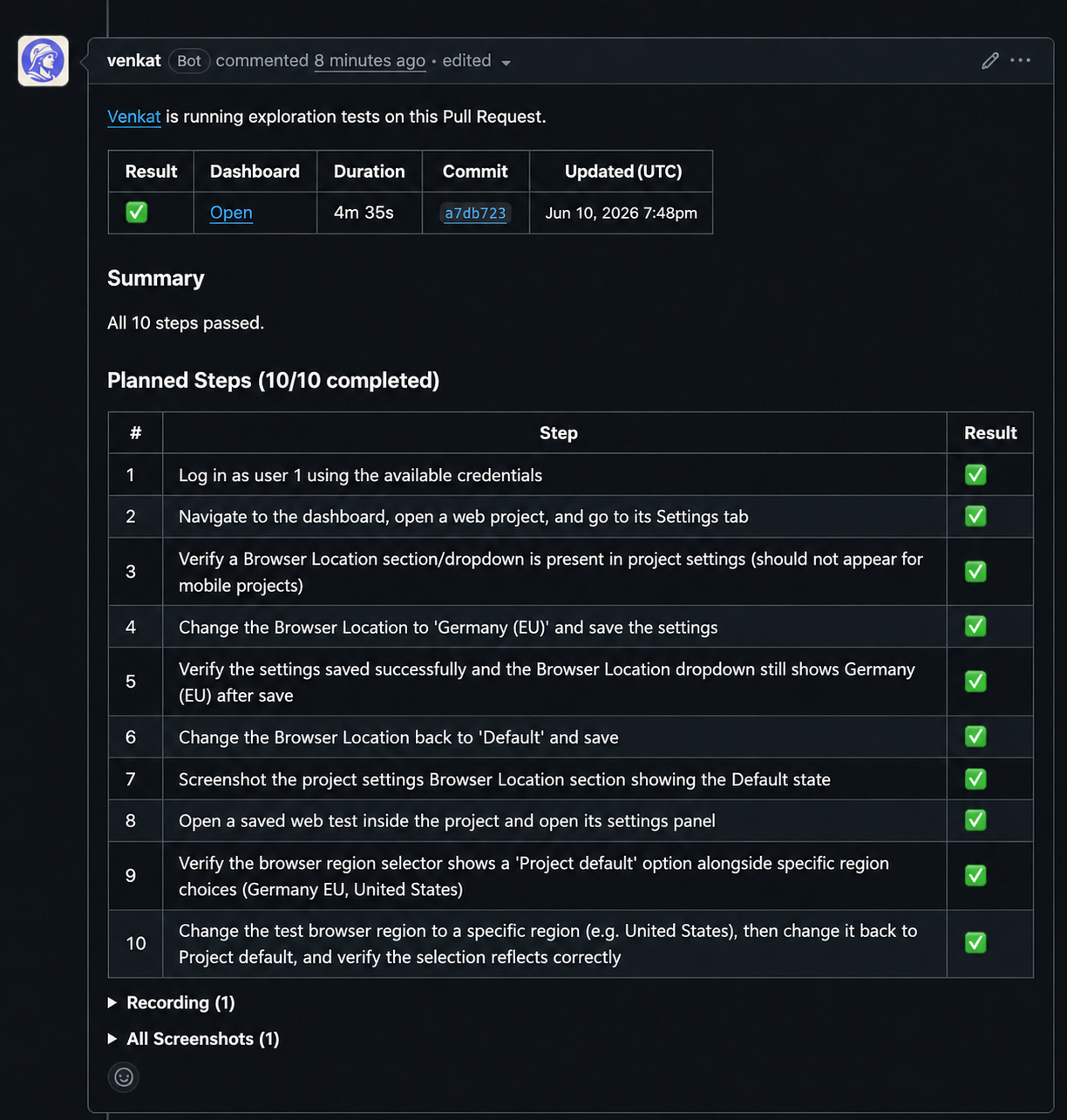 Product preview of a QA.army GitHub pull request comment listing ten dynamically planned exploratory test steps and their results.