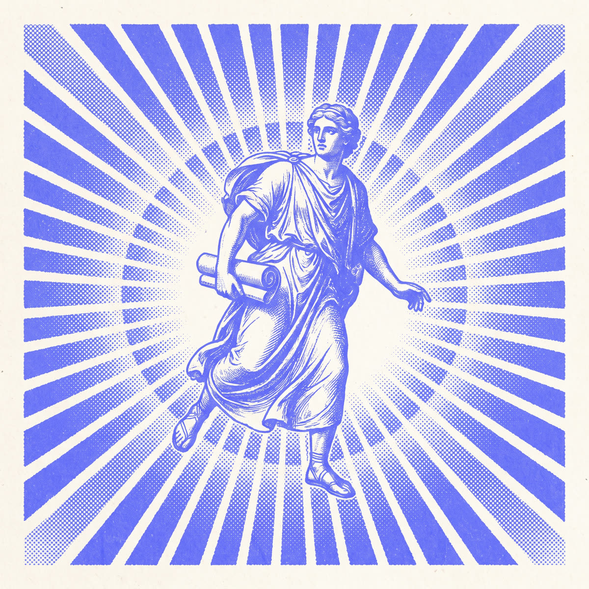 Halftone illustration — a courier bursting outward through radiating rays.