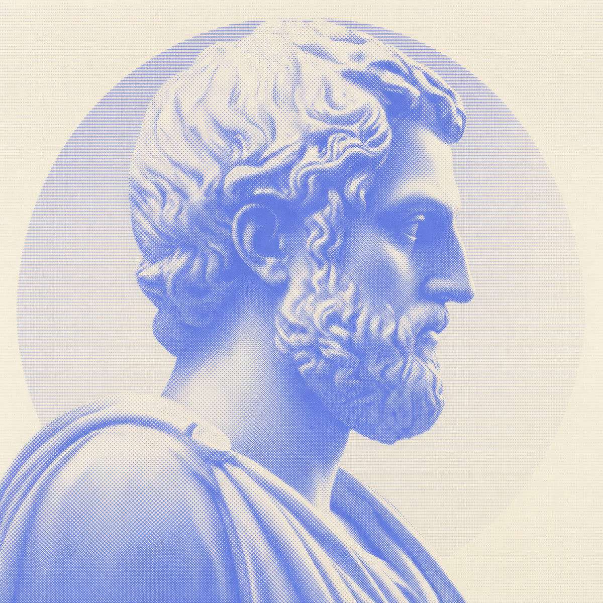 Halftone illustration — an ancient classical bust in profile, rendered as scanlines.