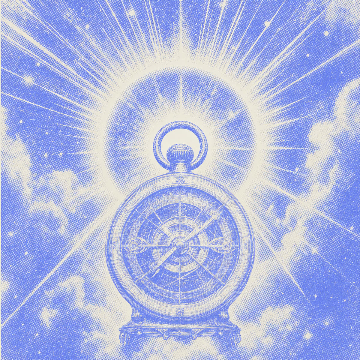 Halftone illustration — an antique pocket watch haloed by a bursting sun.