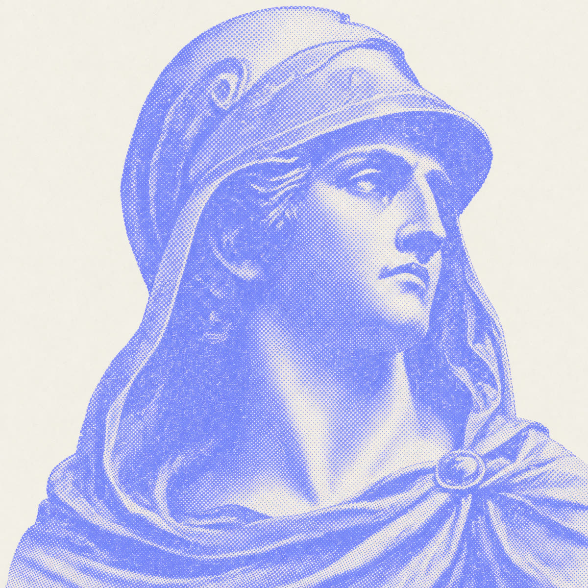 Halftone illustration — a hooded classical figure with veiled composure.