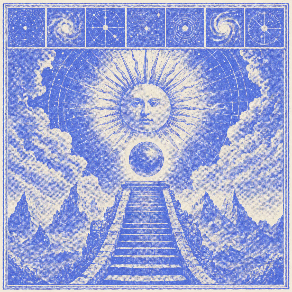 Halftone illustration — a celestial diagram with a radiant sun over stone steps.